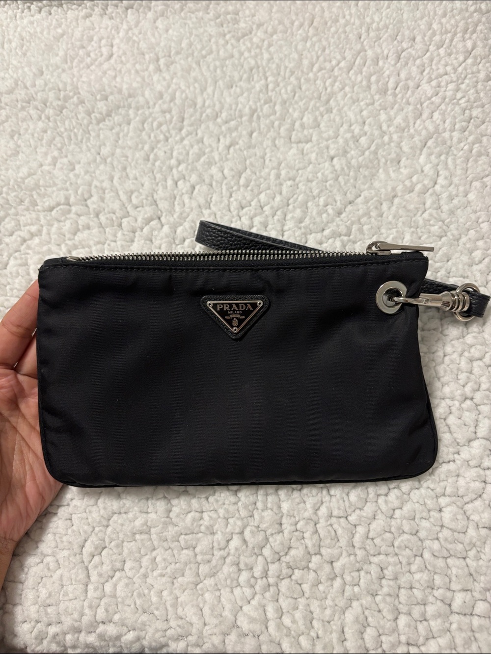 Prada Black Nylon Wristlet Pouch with Silver Hardware